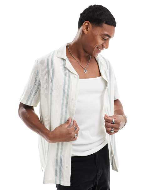 Hollister short sleeve lace stripe revere collar shirt in green/white - view 1