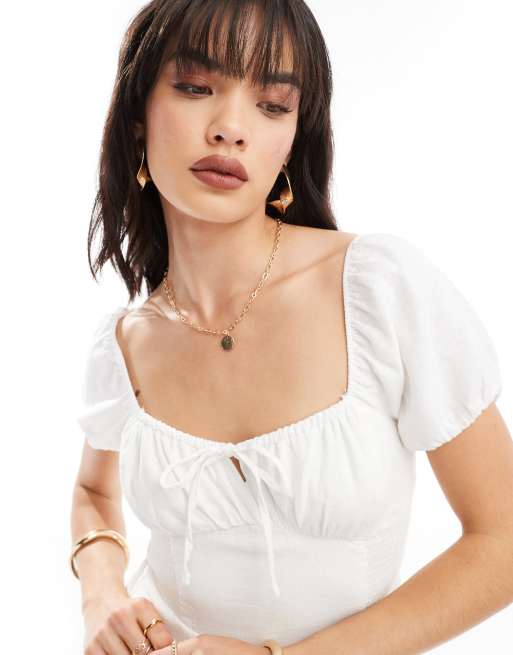 Hollister short sleeve linen blend a line mini dress with sweetheart neckline in white ASOS