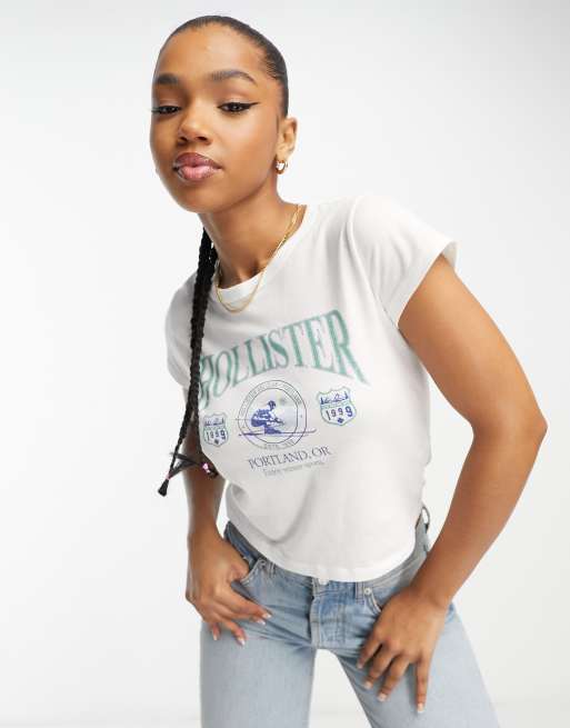 Hollister short sleeve logo crop top in white | ASOS