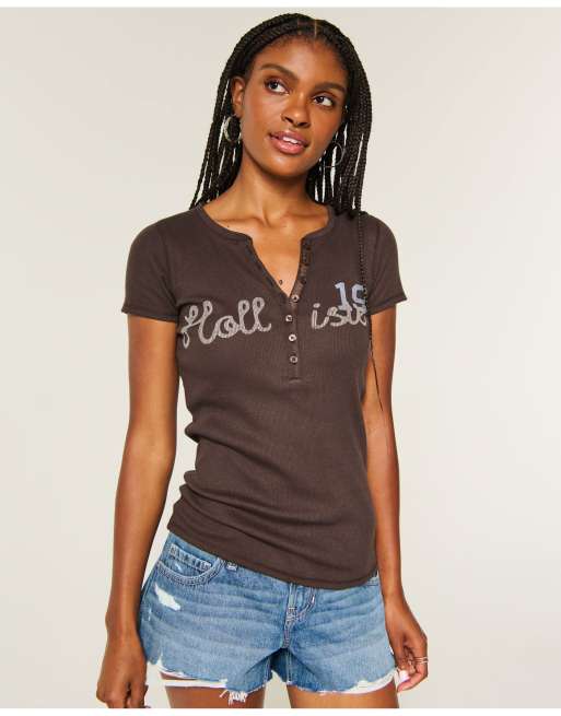 Hollister Short-sleeve logo graphic henley in brown