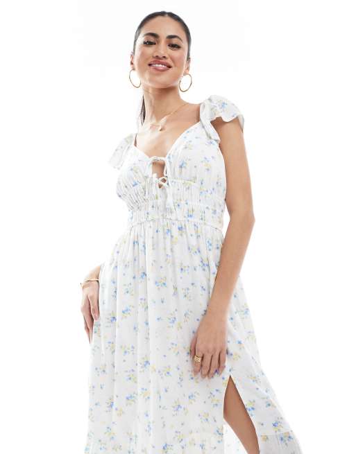 Hollister short sleeve milkmaid midi slit dress in blue floral