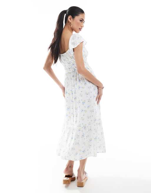 Hollister short sleeve milkmaid midi slit dress in blue floral