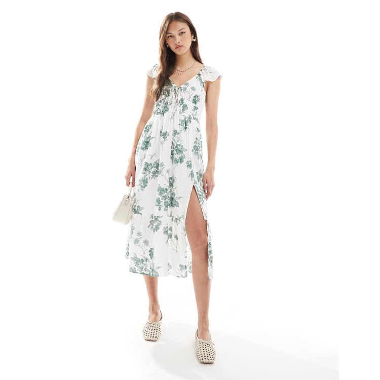 Hollister short sleeve milkmaid midi slit dress in green floral | ASOS