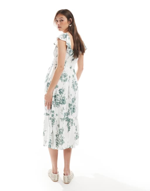 Hollister short sleeve milkmaid midi slit dress in green floral ASOS