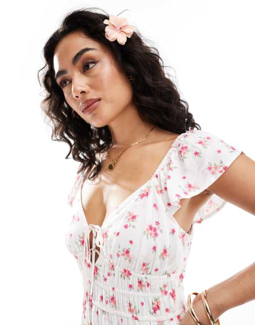 Hollister short sleeve milkmaid midi slit dress in pink floral