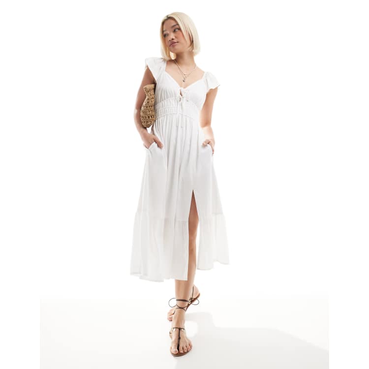 Hollister short sleeve milkmaid midi slit dress in white | ASOS