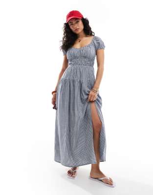 hollister short sleeve milkmaid smocked waist maxi dress in blue picnic