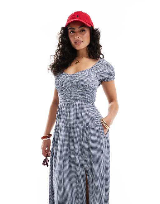 Hollister short sleeve milkmaid smocked waist maxi dress in blue picnic