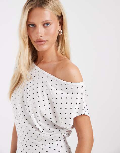 Hollister short sleeve off shoulder top in white polka dot - view 1
