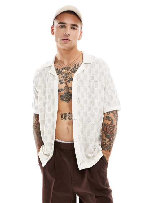 Hollister short sleeve pattern knit button through shirt in white/grey
