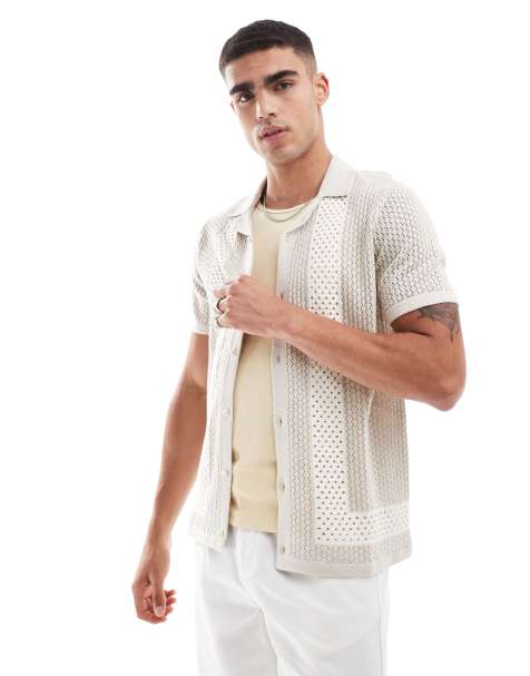 Hollister short sleeve pattern knit buttonthrough shirt in stone/white - view 1