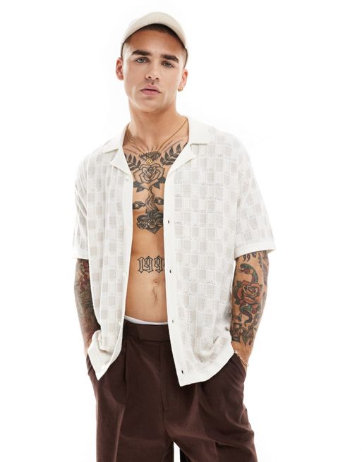 Hollister short sleeve pattern knit buttonthrough shirt Sweater in white/grey