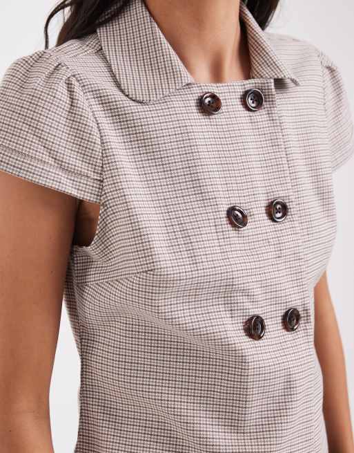 Hollister short sleeve peacoat button through shirt in beige check, 3 of 4