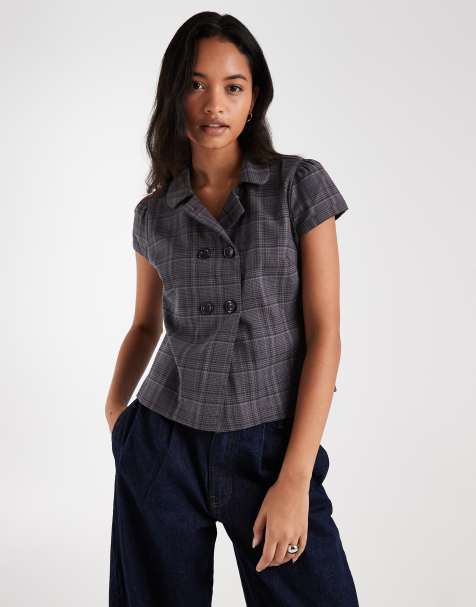 Hollister short sleeve peacoat button through shirt in grey plaid - view 1