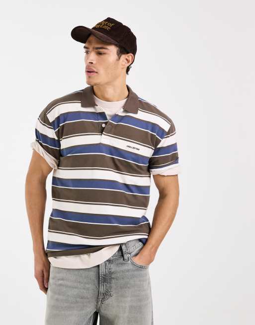 Hollister short sleeve polo in black and blue stripe