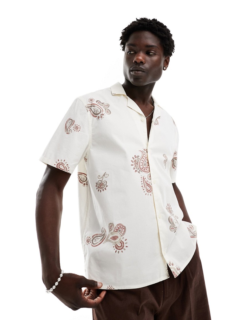 Hollister short sleeve revere collar print poplin shirt boxy fit in white