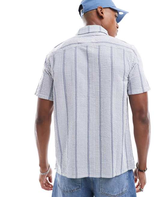 Hollister short sleeve seersucker stripe shirt in navy/white, 4 of 4