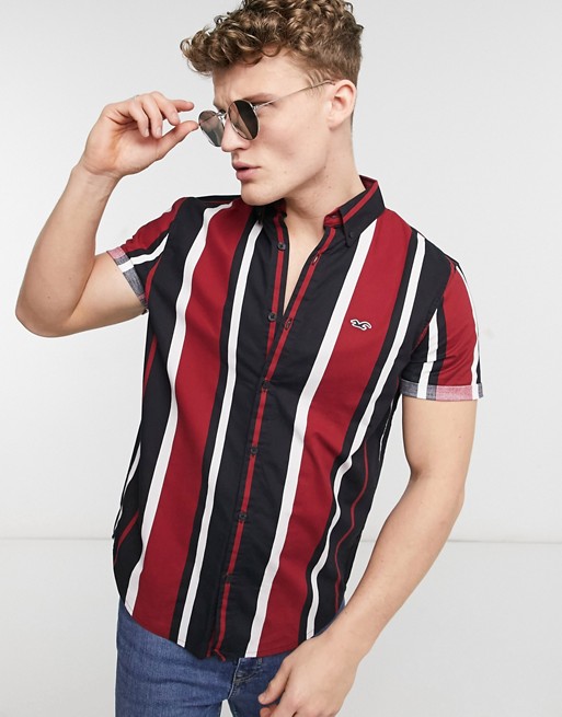 Hollister short sleeve slim fit stripe shirt in red/black stripe