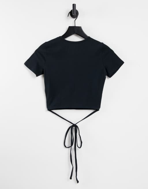 Hollister short sleeve strappy wrap crop top in black