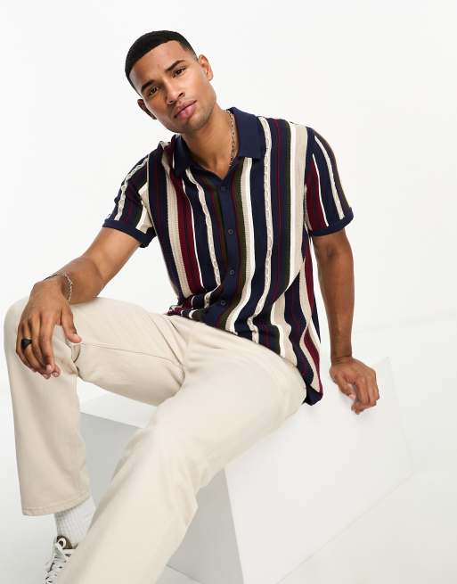 Hollister short sleeve textural stripe buttonthrough knit polo in navy ...