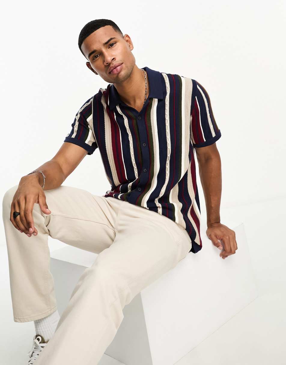 Hollister short sleeve textural stripe buttonthrough knit polo in navy