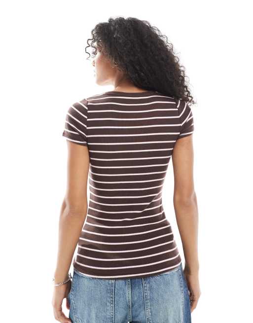 Hollister short sleeve v neck button detail t-shirt in brown stripes