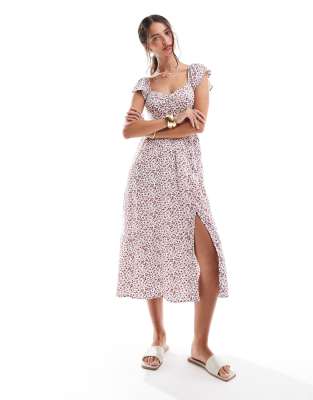 Hollister Hollister short sleeve waist detail midi dress in ditsy print-Pink