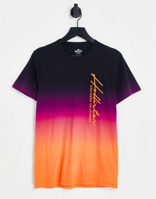 Hollister side script logo ombre dip dye t-shirt in pink and orange