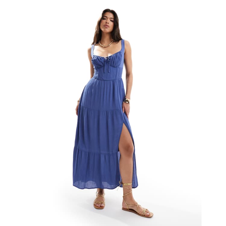 Hollister side smocked maxi dress with side split in blue | ASOS