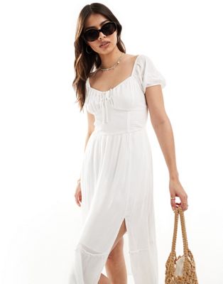 Hollister side smocked midi dress in white with side slit