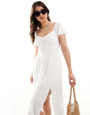 Hollister side smocked midi dress in white with side slit