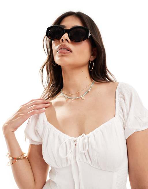 Hollister side smocked midi dress in white with side slit, 2 of 4