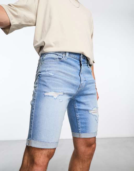 Hollister skinny fit distress repair denim shorts in light wash ASOS