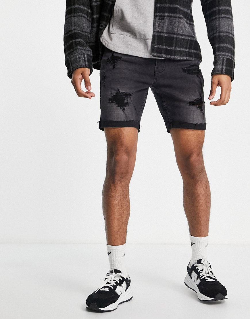 Hollister skinny fit distressed denim shorts in black