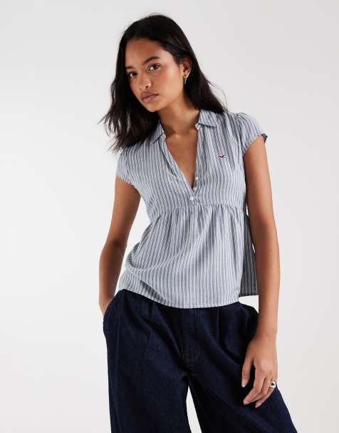 Hollister skjorta med korta ärmar i blå randig babydoll-modell - view 1