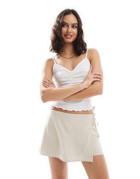Hollister - Skort van linnenmix met overslag in lichtbeige - view 1