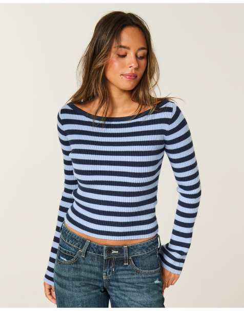 Hollister Slash-neck bell sleeve sweater in navy stripe - view 1