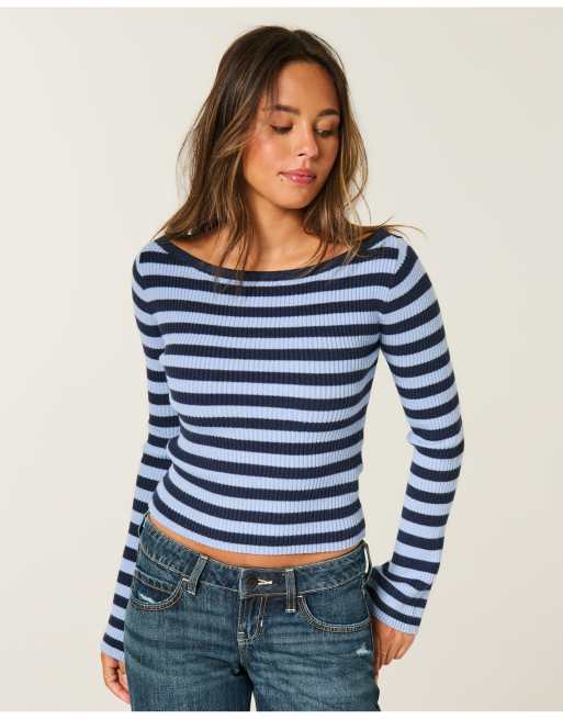 Hollister Slash-neck bell sleeve sweater in navy stripe