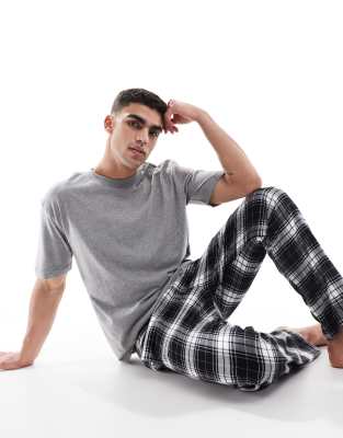 sleepwear short sleeve top 
baggy pants set in gray/black check