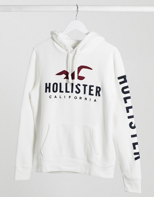 Hollister sleeve logo hoodie in white