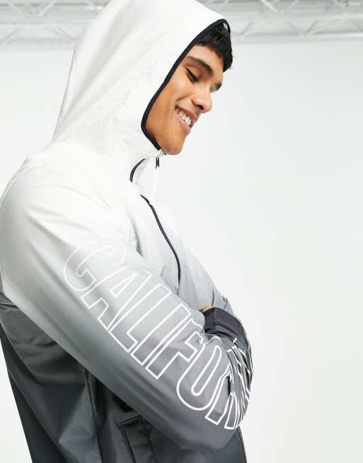 Hollister sleeve logo ombre print hooded rain jacket in black white