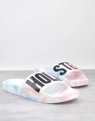 HOLLISTER SLIDERS IN WHITE TIE DYE WITH TEXT LOGO KI312-1017-106