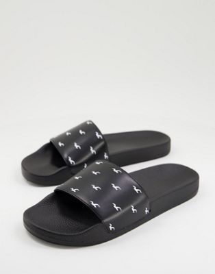 Hollister sliders with all over logo in black