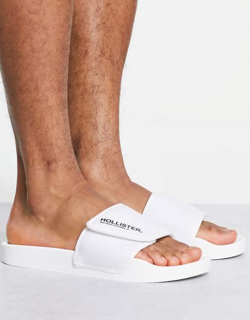 Hollister sliders with velcro strap in white with logo
