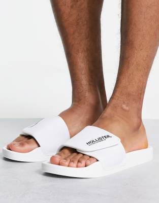 Hollister slides with velcro strap in white with logo ASOS