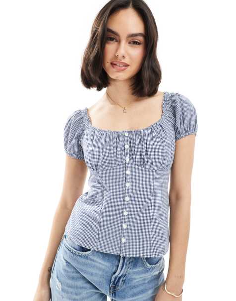 Hollister slim button through puff sleeve top in blue - view 1