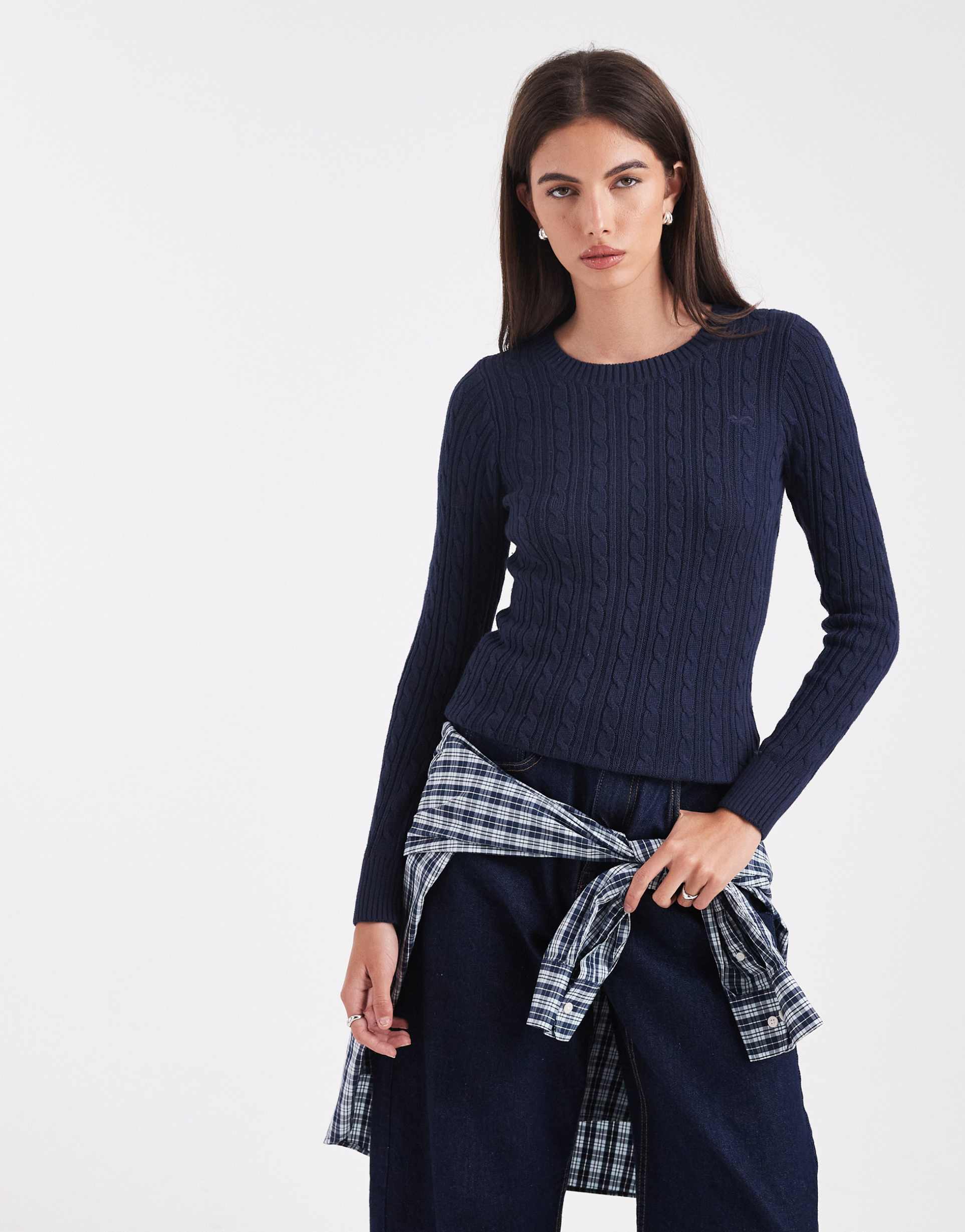 hollister slim cable knit sweater in navy