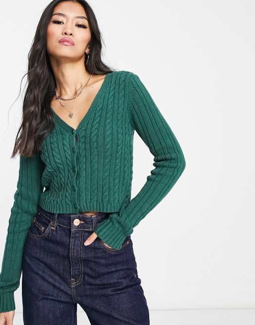 Hollister slim cropped cable knit cardigan in green ASOS