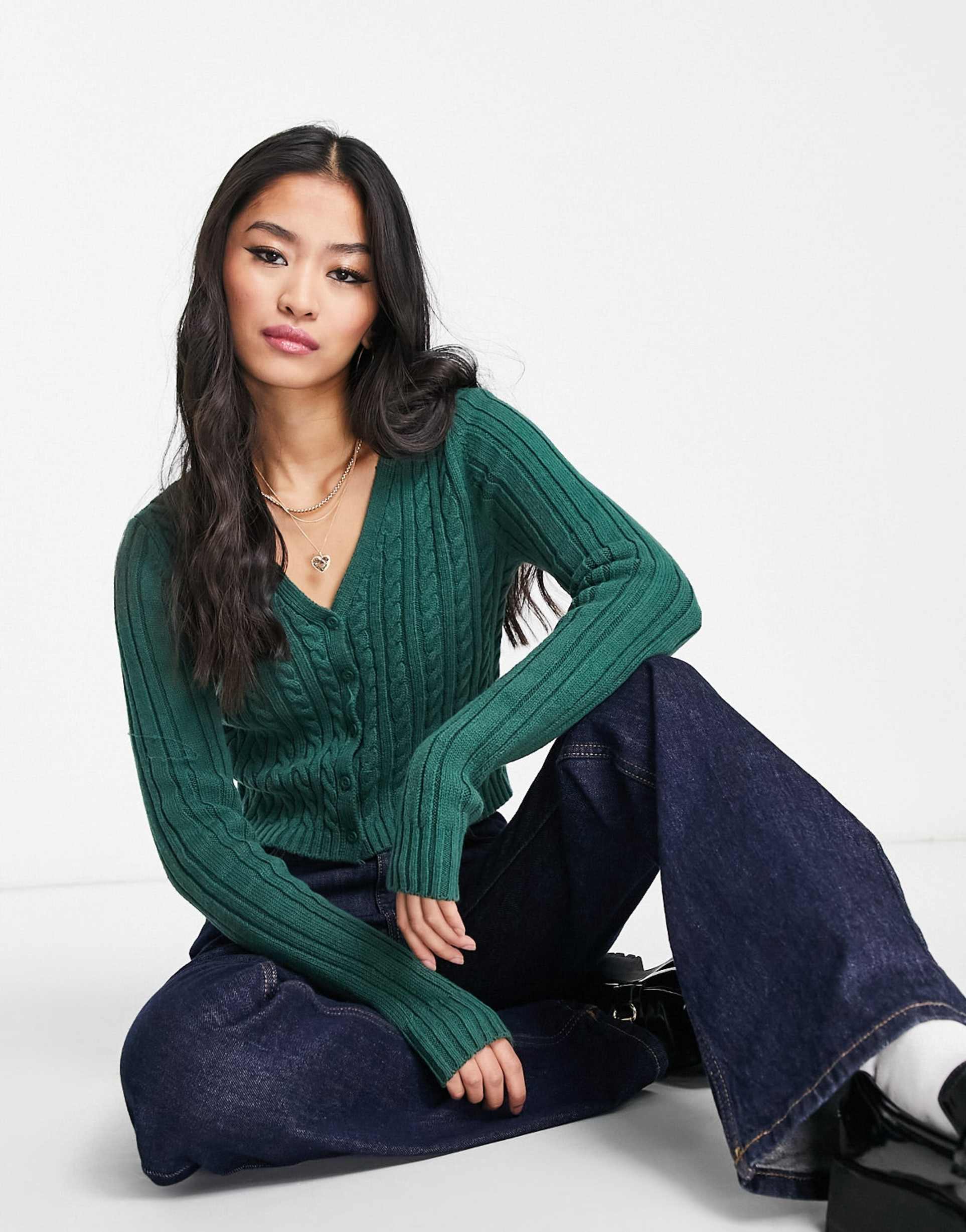 Hollister slim cropped cable knit cardigan in green view 3