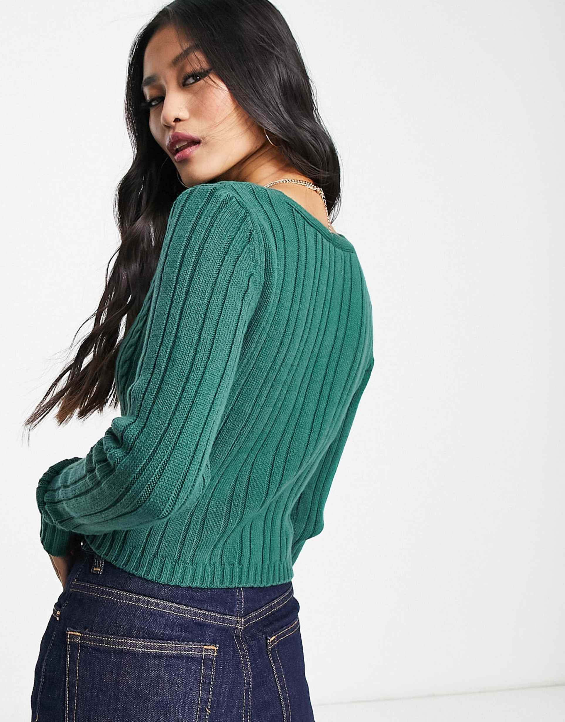 Hollister slim cropped cable knit cardigan in green view 4